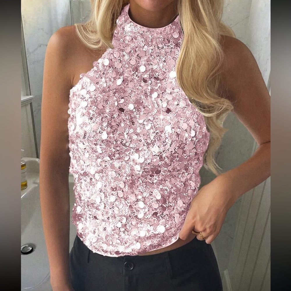 Luxe Sequin Halter Neck Pink Tank Top Blouse Shirt